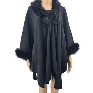 Marcus Adler Black Faux Fur Trim Poncho, One Size Fits Most